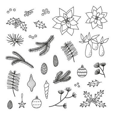 El yapımı kozalaklı köknar, çam, sedir dalları, koni, ökseotu, beyaz arka planda izole edilmiş Noel oyuncakları koleksiyonu.