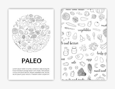 El çizimi paleo diyet gıdaları içeren kart şablonları. Kullanılan kırpma maskesi.