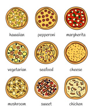 Beyaz zemin üzerinde isimlerle izole edilmiş farklı karalama renkli pizzalar..