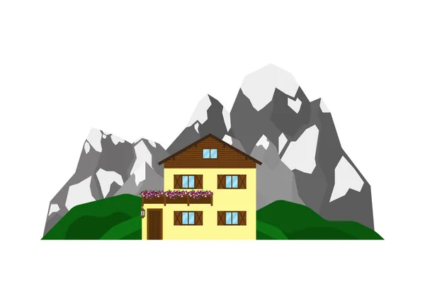 Prive Huis Chalet Het Landschap Met Alpenbergen Groene Heuvels Vlakke — Stockvector