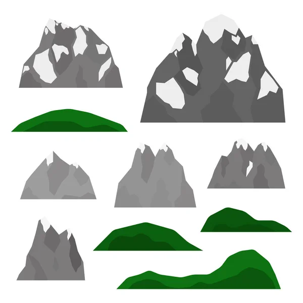 Conjunto Montañas Alpinas Glaciares Verdes Colinas Estilo Plano Aisladas Sobre — Vector de stock