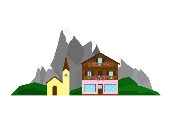 Negozio Chalet Chiesa Sul Paesaggio Con Montagne Alpine Verdi Colline — Vettoriale Stock
