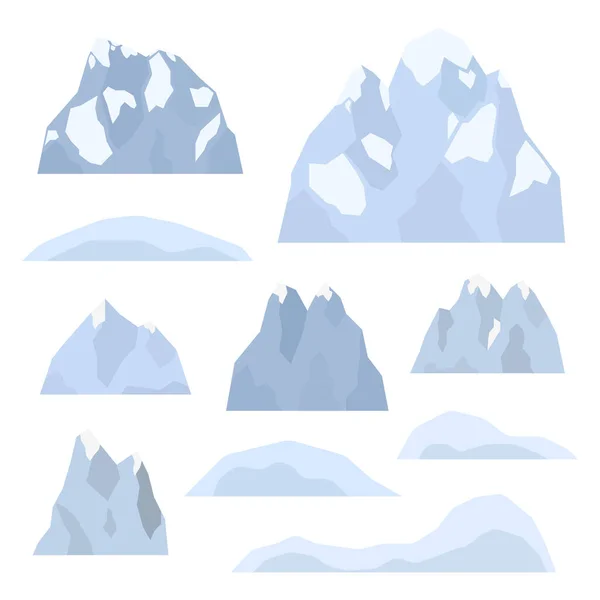 Set Van Alpenbergen Gletsjers Besneeuwde Heuvels Vlakke Stijl Geïsoleerd Witte — Stockvector