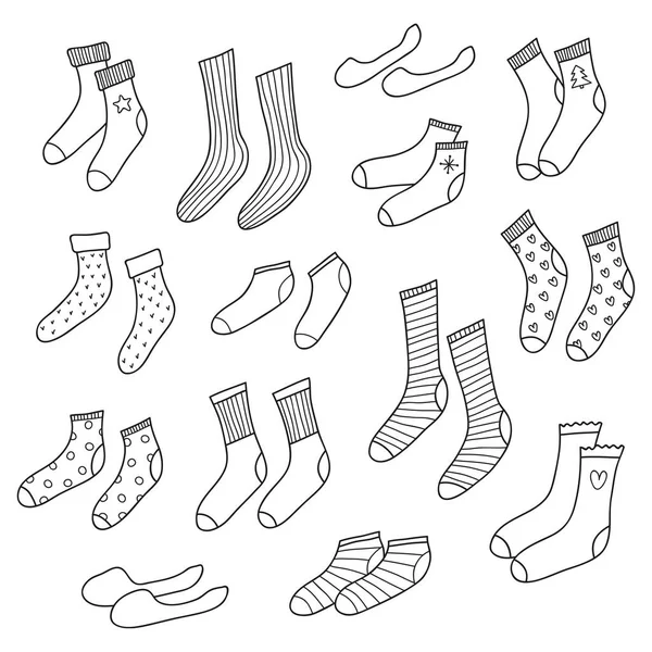 Set Different Doodle Outline Socks Isolated White Background — Stock Vector