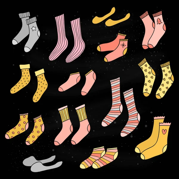 Set Van Verschillende Doodle Gouden Roze Zilveren Sokken Geïsoleerd Zwarte — Stockvector