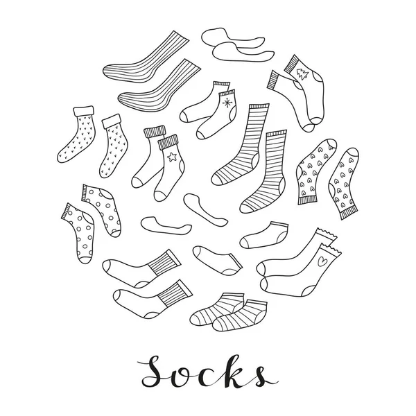 Different Doodle Outline Socks Composed Circle Shape Lettering — Stock Vector