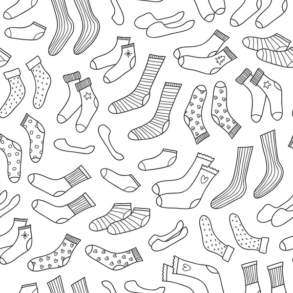 Black White Seamless Pattern Different Outline Doodle Socks — Stock Vector