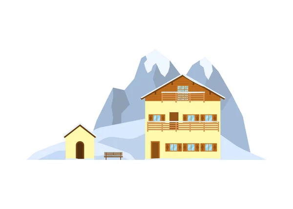 Casa Privata Chalet Sul Paesaggio Con Montagne Alpine Innevate Colline — Vettoriale Stock