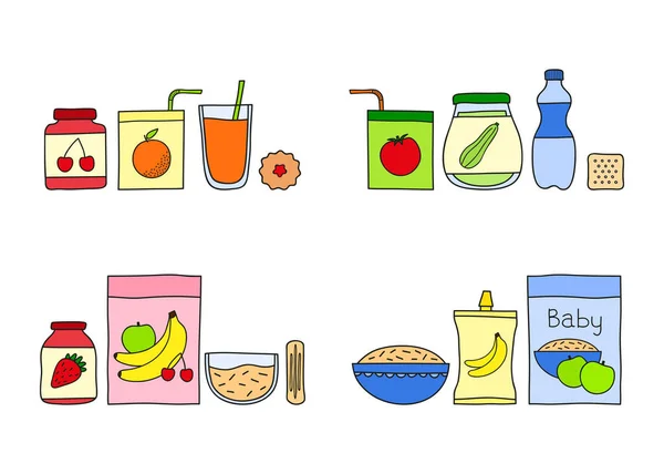 Groupes Aliments Pour Bébés Colorés Doodle Compris Boissons Bouillies Purées — Image vectorielle