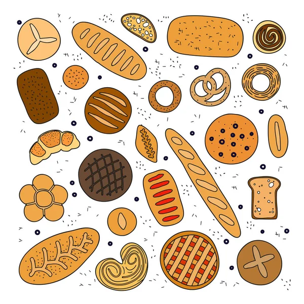 Collection Hand Drawn Colored Baking Bread Bagel Buns Pastries Isolated — Stock Vector