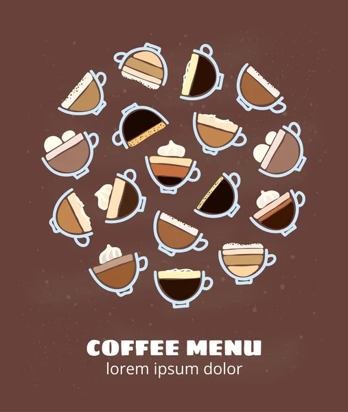 茶色の背景に隔離された円形状の異なるドードルコーヒー飲料 — ストックベクタ
