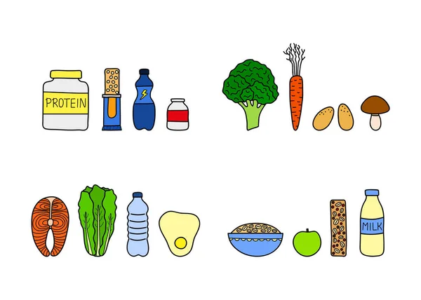 Groupes Aliments Sportifs Colorés Doodle Compris Les Protéines Les Fruits — Image vectorielle