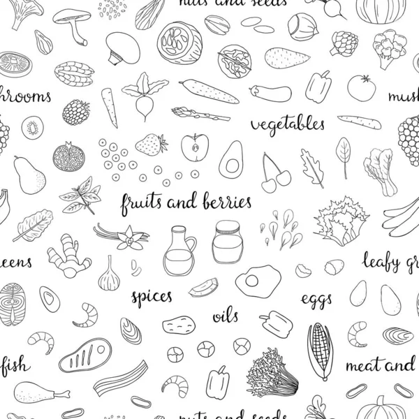 Patrón Sin Costura Blanco Negro Con Bosquejo Dibujado Mano Alimentos — Archivo Imágenes Vectoriales