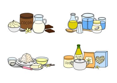 El çizimi renkli yemek grupları, beyaz arkaplanda izole edilmiş pişirme malzemeleri..