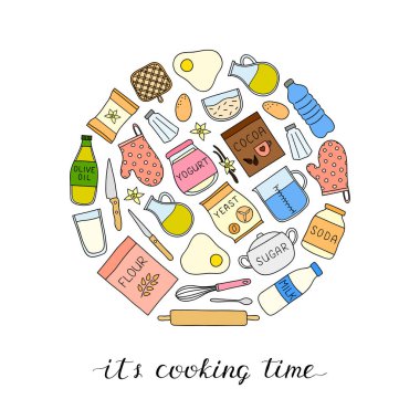 Çember şeklinde şekillendirilmiş, ahşap renkli yemek ve pişirme malzemeleri..