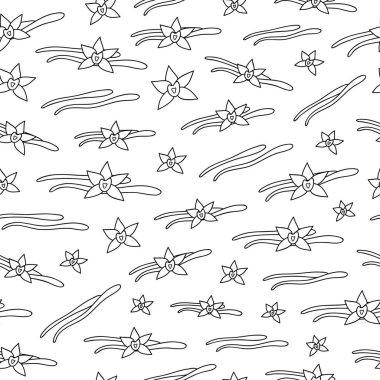 Siyah ve beyaz desenli, el çizimi vanilya çubukları, çiçekler.