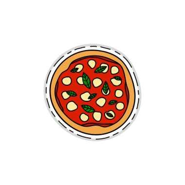 Beyaz arka planda izole edilmiş elle çizilmiş pizza etiketi.