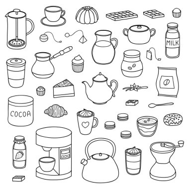 El yapımı kahve, çay ve kakao eşyalar beyaz arka planda izole edilmiş..