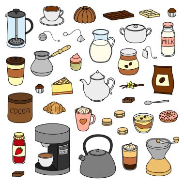 El yapımı kahve, çay ve kakao eşyalar beyaz arka planda izole edilmiş..