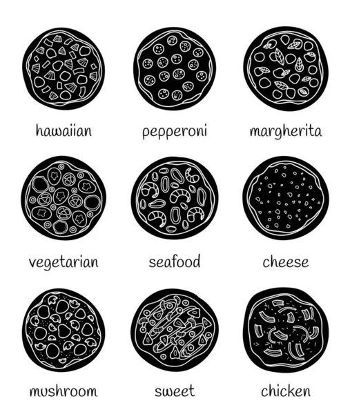 Beyaz Arkaplanda Isimlerle Izole Edilmiş Farklı Karalama Pizzaları — Stok Vektör