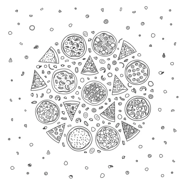 Olika Doodle Kontur Pizza Med Ingredienser Som Består Cirkel Form — Stock vektor