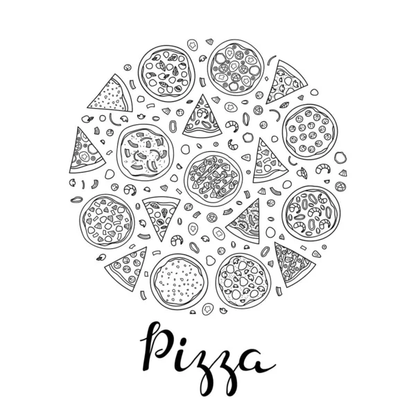 Diversi Scarabocchi Delineano Pizza Composta Forma Cerchio Con Scritte — Vettoriale Stock