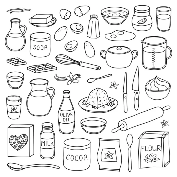 Набір Намальованих Вручну Контурів Приготування Їжі Інгредієнти Випічки Ізольовані Білому — стоковий вектор