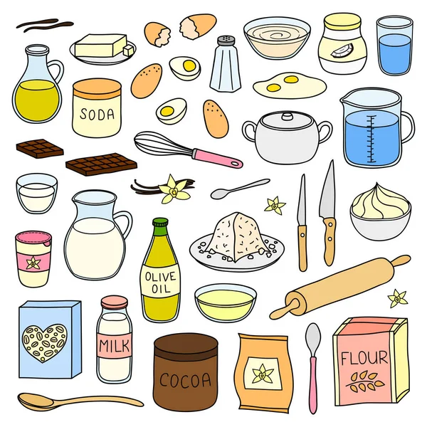 Çizimi Renkli Yemekler Beyaz Arka Planda Izole Edilmiş Pişirme Malzemeleri — Stok Vektör