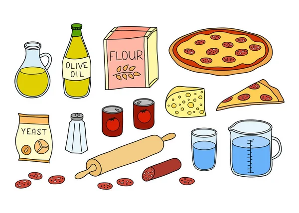 Набор Цветных Ингредиентов Пиццы Пепперони Белом Фоне — стоковый вектор