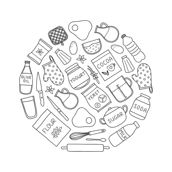 Doodle Контур Приготування Їжі Інгредієнти Випічки Складені Формі Кола — стоковий вектор