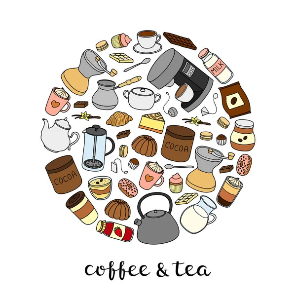 Ručně Kreslená Barevná Káva Čaj Kakao Předměty Složené Kruhovém Tvaru — Stockový vektor