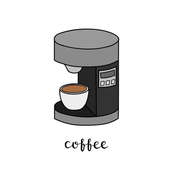 Handgezeichnete Farbige Kaffeemaschine Mit Schriftzug Isoliert Auf Weißem Hintergrund — Stockvektor