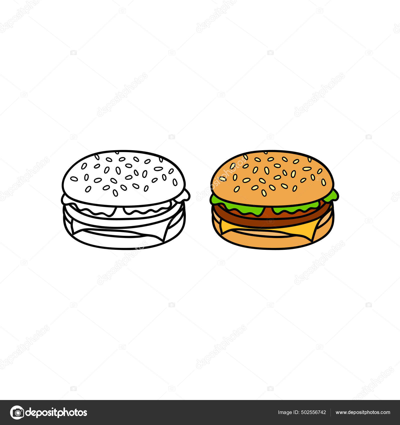 Hand Drawn Colored Outline Cheeseburger Isolated White Background Stock