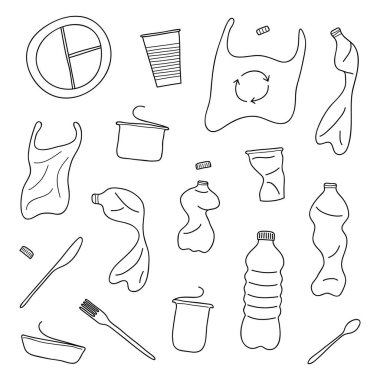 Beyaz arkaplanda izole edilmiş elle çizilmiş plastik çöp dizisi.