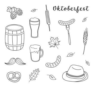 Beyaz arkaplanda izole edilmiş el çizimi Oktoberfest simgeleri kümesi.