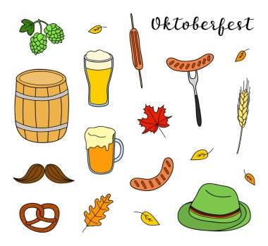 El çizimi renkli Oktoberfest simgeleri beyaz arkaplanda izole edildi.