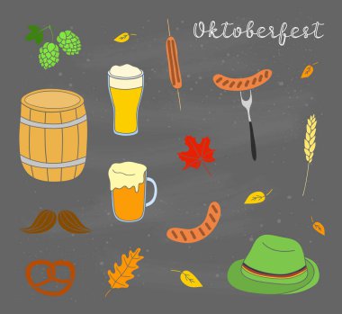 Elle çizilmiş Oktoberfest simgeleri karatahta arka planda izole edildi.