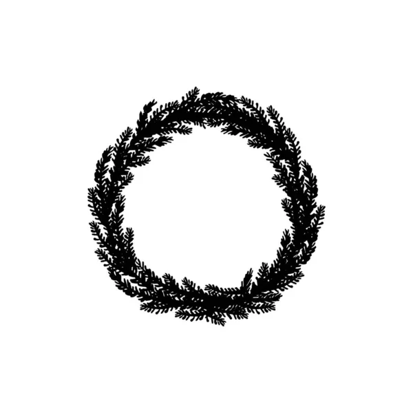 Czarny Okrągły Wieniec Ręcznie Malowanymi Gałązkami Jodły Białym Tle — Wektor stockowy