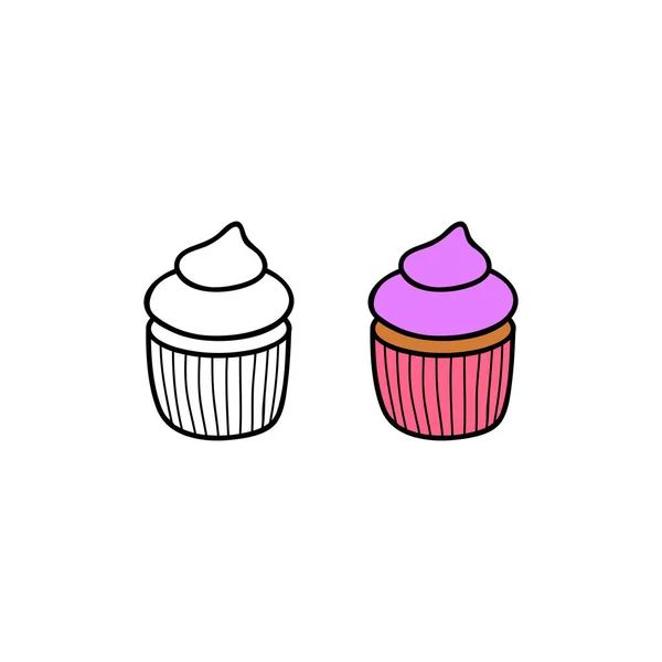 Cupcake Dibujado Mano Color Contorno Con Crema Aislada Sobre Fondo — Vector de stock