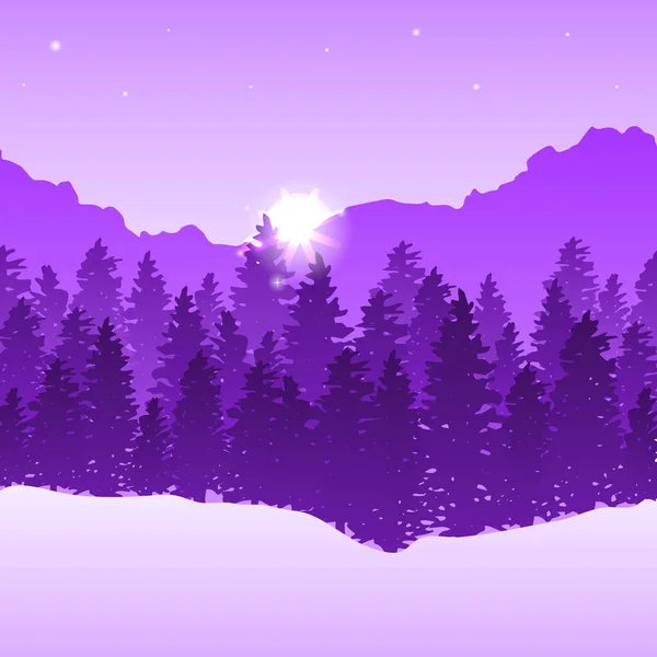 Ultraviolette Landschaft Mit Wald Bergen Und Sonnenuntergang — Stockvektor