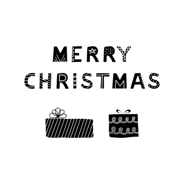 Cartel Con Letras Negras Dibujadas Mano Feliz Navidad Cajas Regalo — Vector de stock