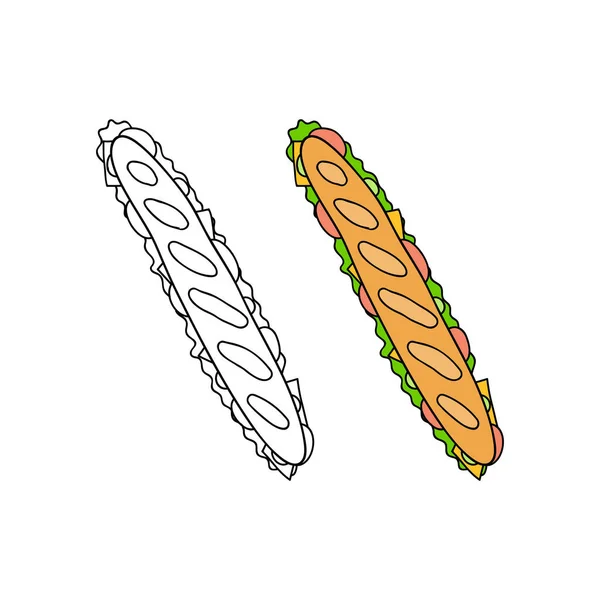 手绘彩色和轮廓长三明治隔离在白色背景 — 图库矢量图片