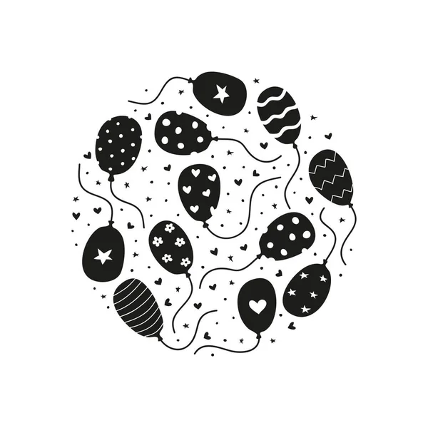 Doodle Globos Helio Negro Con Impresiones Compuestas Forma Círculo — Vector de stock