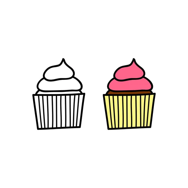 Doodle Χρώμα Και Περίγραμμα Cupcake Κρέμα Απομονώνονται Λευκό Φόντο — Διανυσματικό Αρχείο