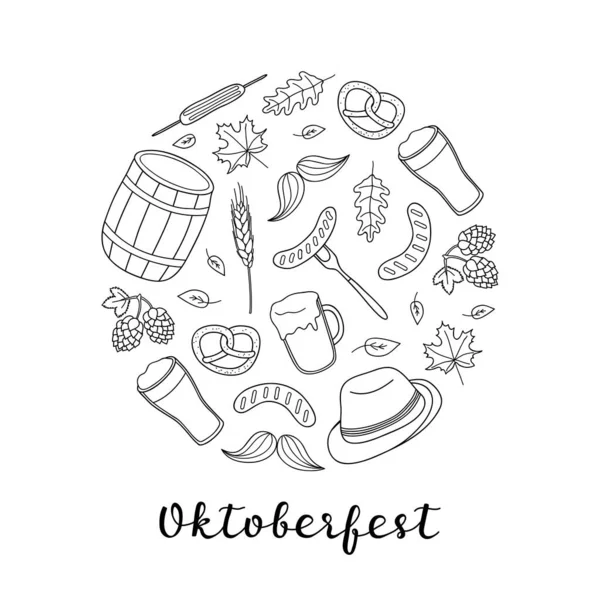 Ręcznie Rysowany Zarys Ikon Oktoberfest Skomponowanych Kształcie Okręgu Literami — Wektor stockowy