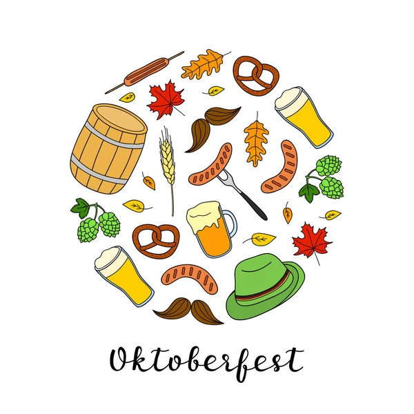 Handgetekende Gekleurde Oktoberfest Iconen Samengesteld Cirkelvorm Met Belettering — Stockvector