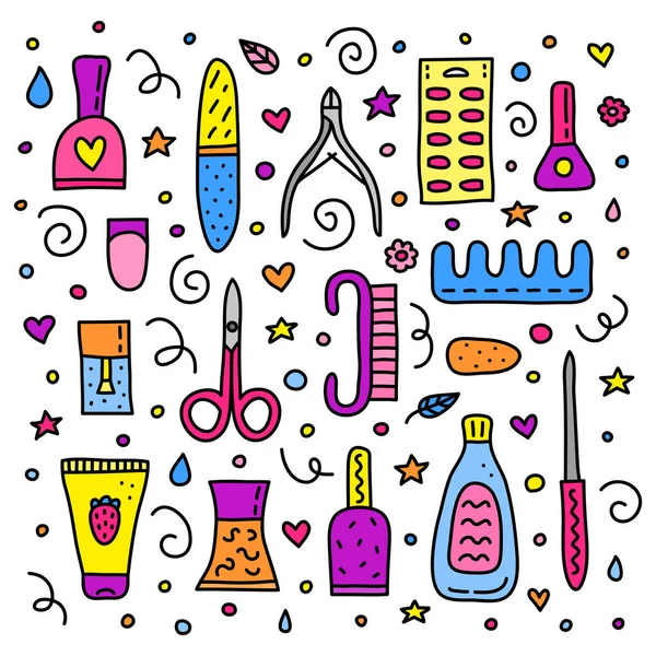 Conjunto Diferentes Ícones Doodle Coloridos Para Salão Beleza Isolado Fundo —  Vetores de Stock