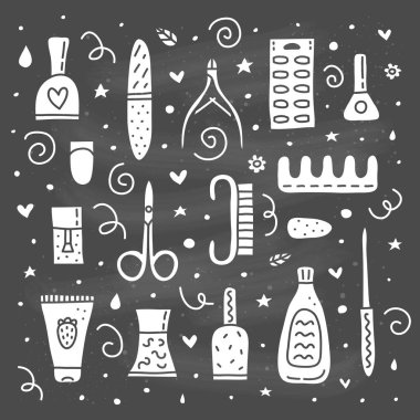 Beyaz arkaplanda izole edilmiş manikür salonu için farklı karalama simgeleri kümesi.