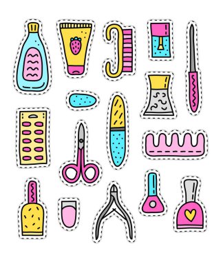 Beyaz arkaplanda izole edilmiş manikür salonu için farklı renkli çıkartmalar ya da yamalar.