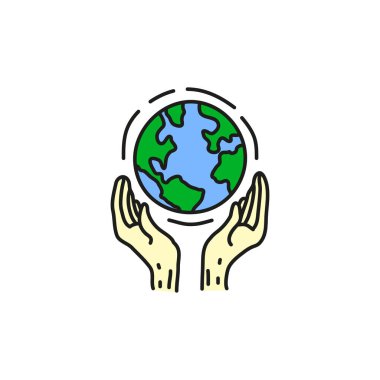 Dünya günü konsepti. Gezegeni beyaz arka planda izole eden kara desenli eller..